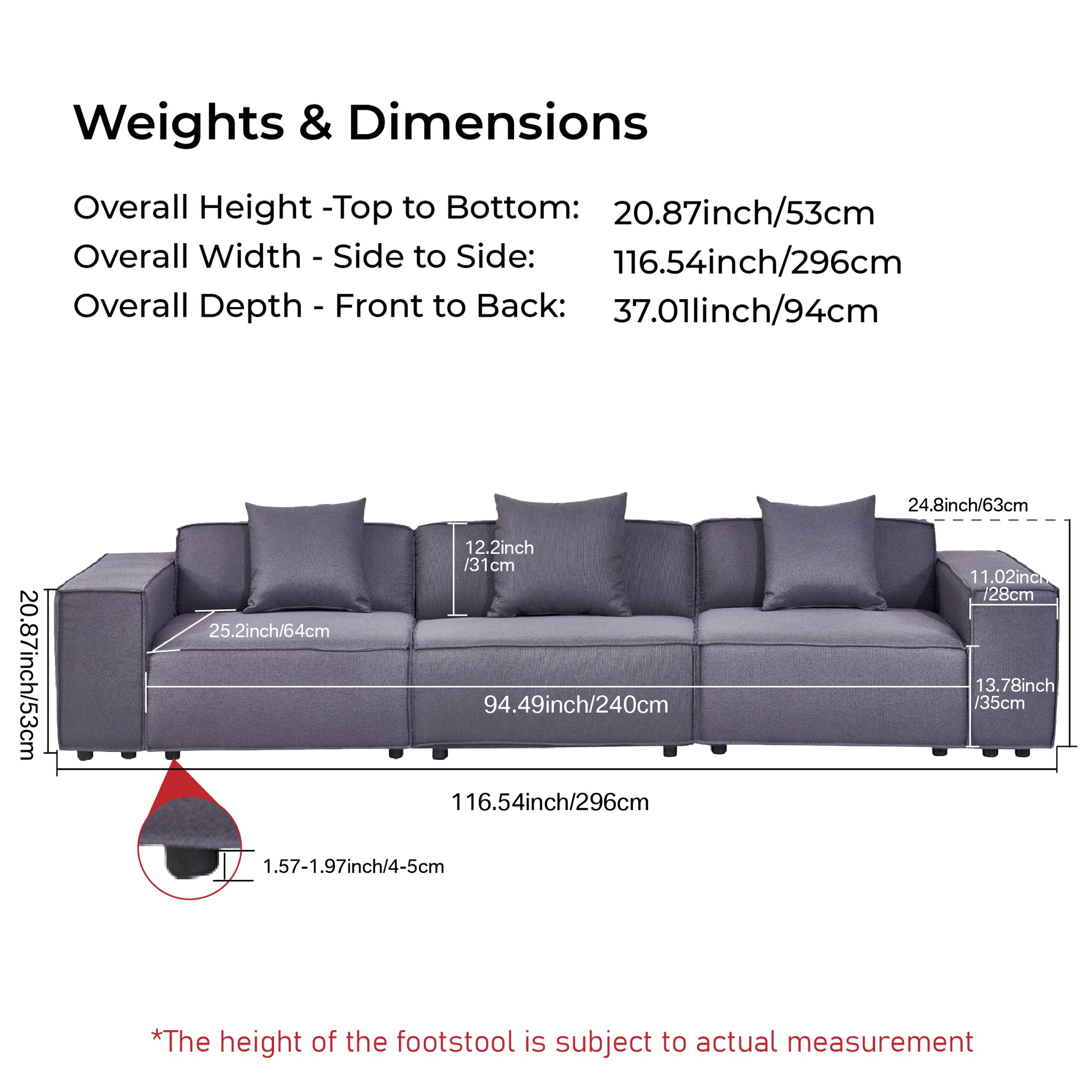 Versaluxe Sectional Triple-Seat Sofa in Grey