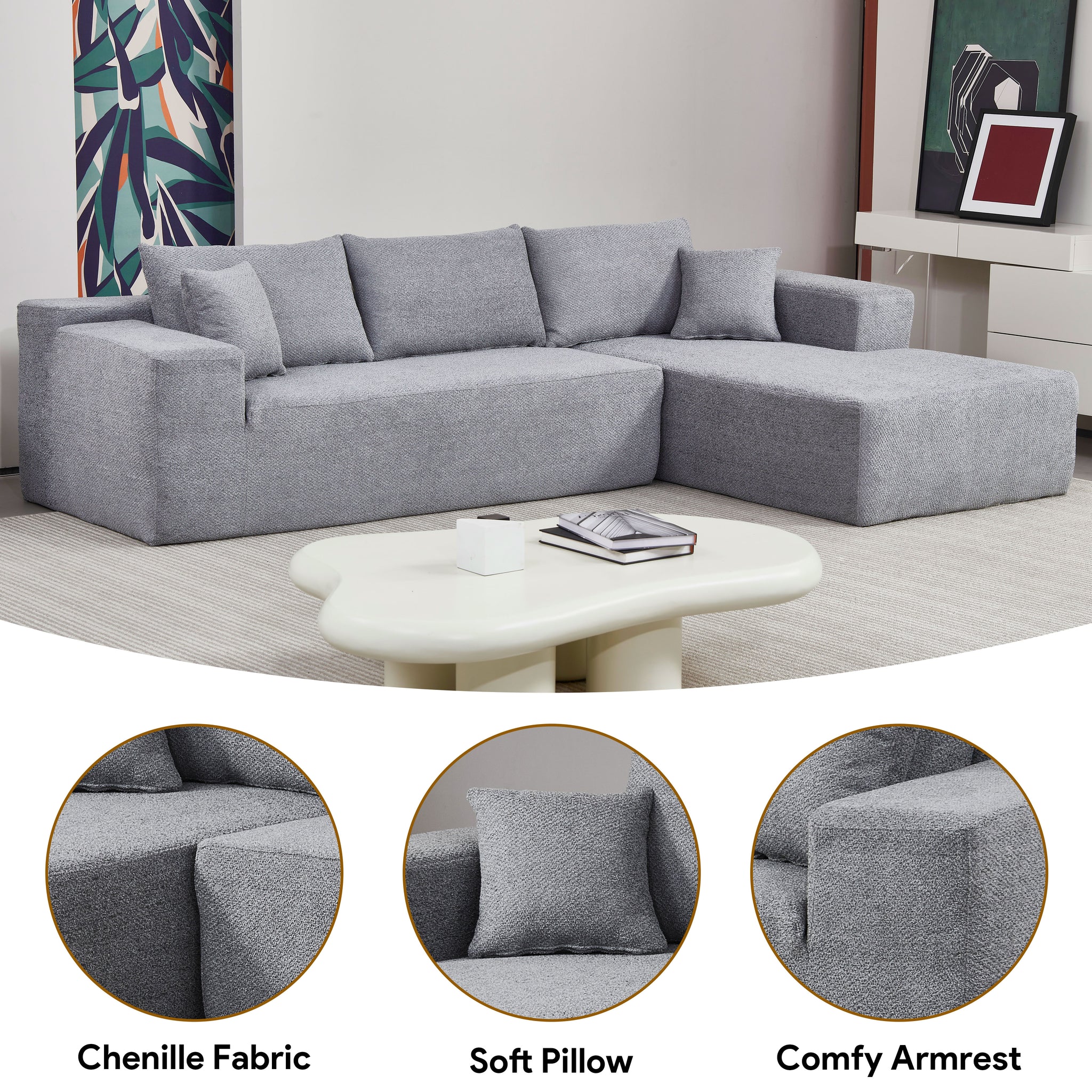 4 Seater Compression Sofa - Comfortable Right Shaped Sofa - Grey