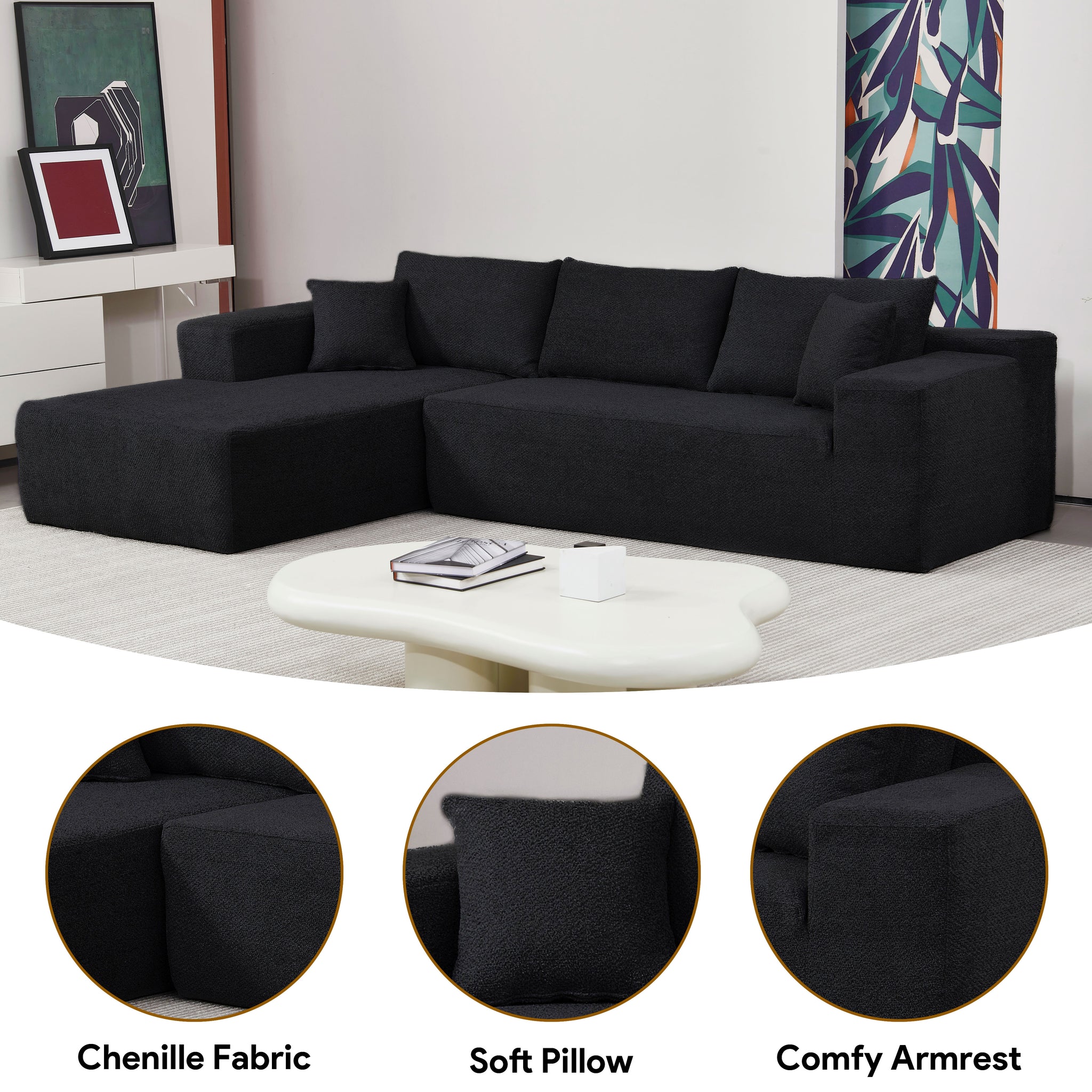 4 Seater Compression Sofa - Comfortable Right Shaped Sofa - Black