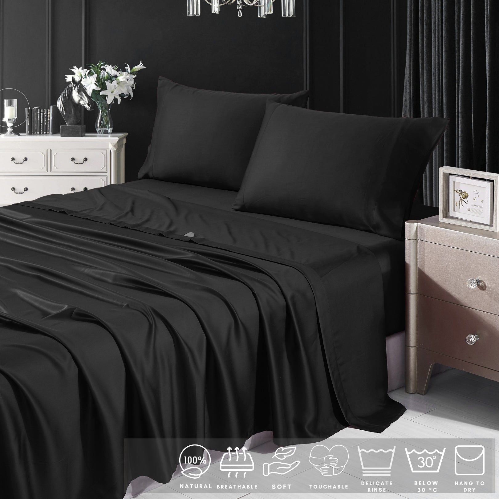 Tencel Black Bed Sheet 4-Piece Set - LivingTaste CA