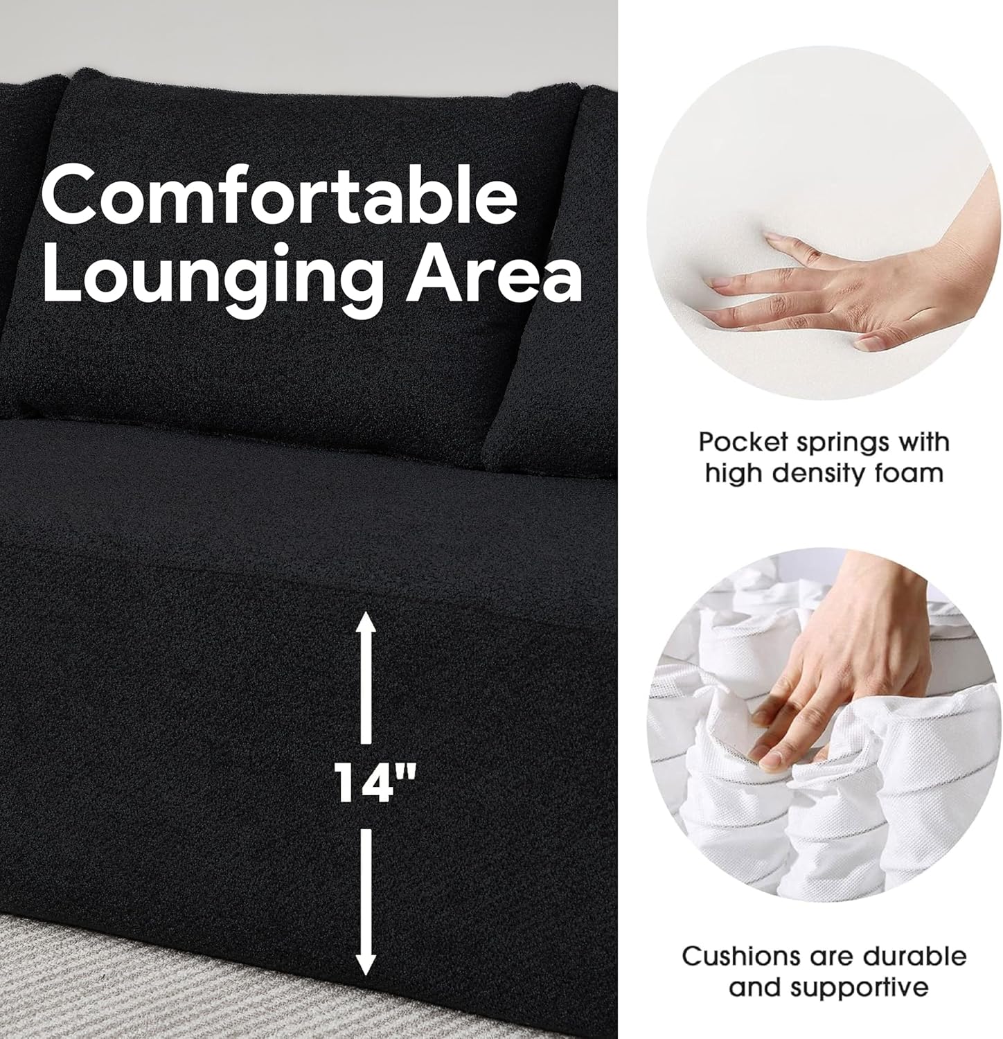4 Seater Compression Sofa - Comfortable Right Shaped Sofa - Black